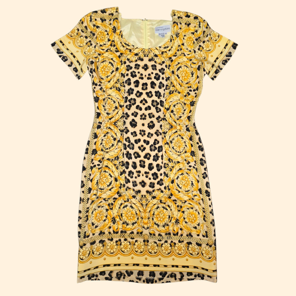 1990s Silk Baroque and Leopard Print Midi Dress ~ Small