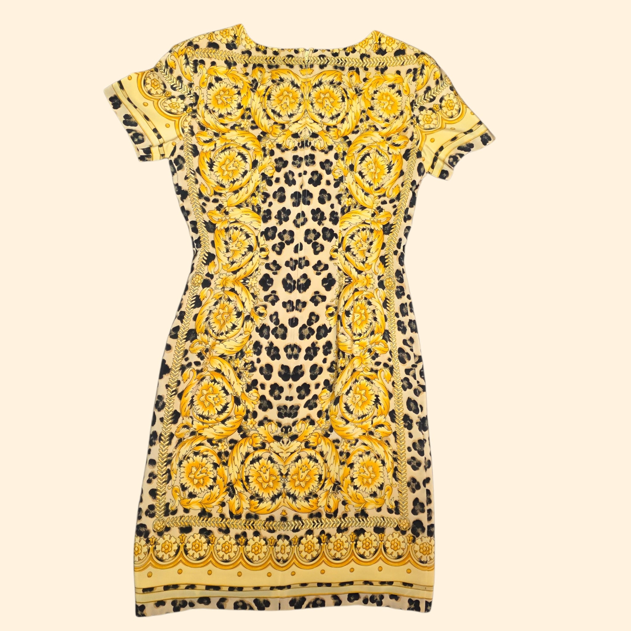 1990s Silk Baroque and Leopard Print Midi Dress ~ Small