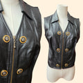 1990s Cache Black Leather Zip Up Fitted Vest ~ Small Medium ~ Lion