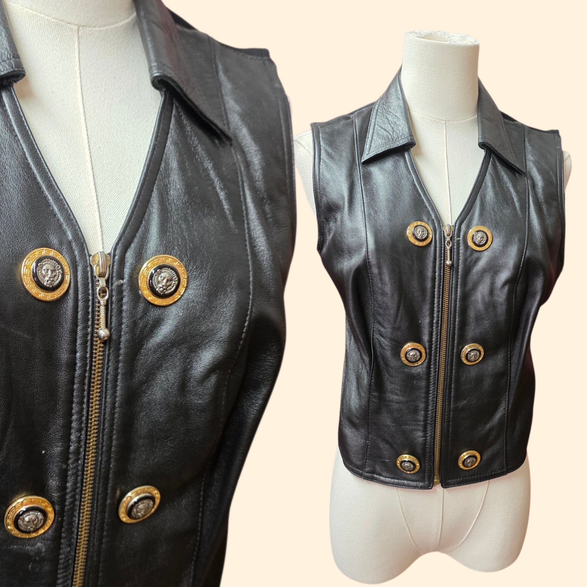 1990s Cache Black Leather Zip Up Fitted Vest ~ Small Medium ~ Lion