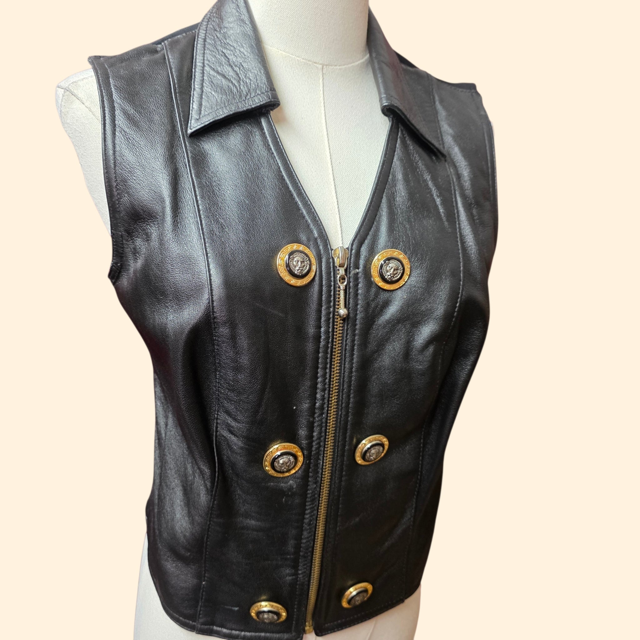 1990s Cache Black Leather Zip Up Fitted Vest ~ Small Medium ~ Lion