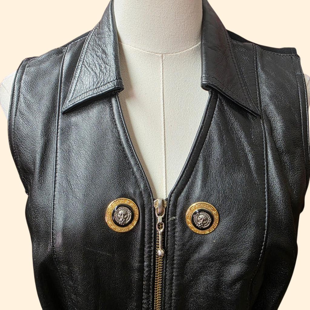 1990s Cache Black Leather Zip Up Fitted Vest ~ Small Medium ~ Lion