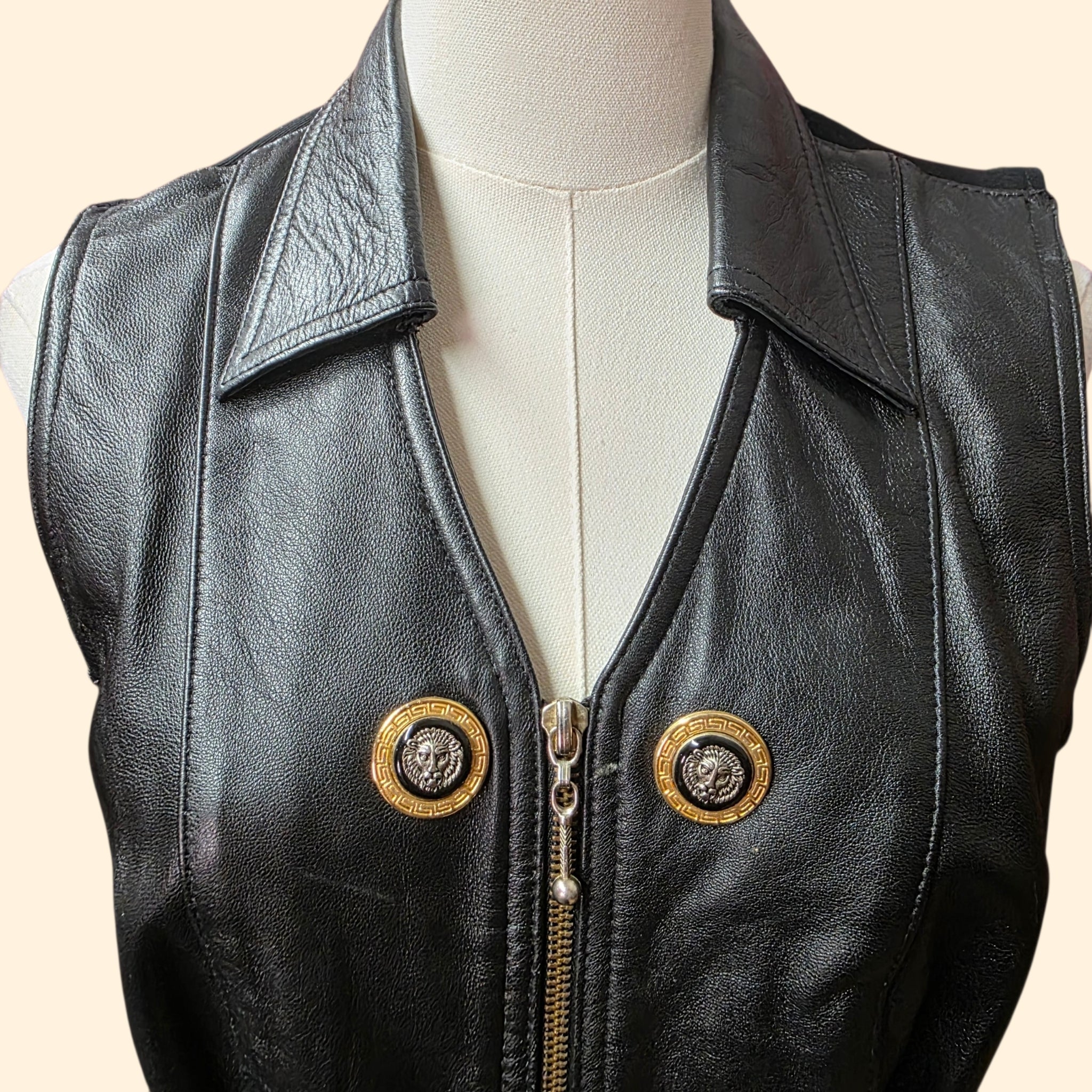 1990s Cache Black Leather Zip Up Fitted Vest ~ Small Medium ~ Lion