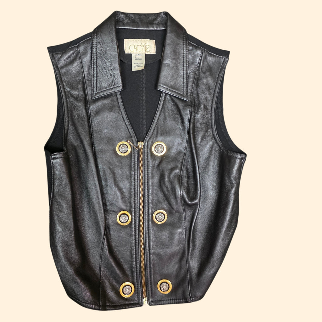 1990s Cache Black Leather Zip Up Fitted Vest ~ Small Medium ~ Lion