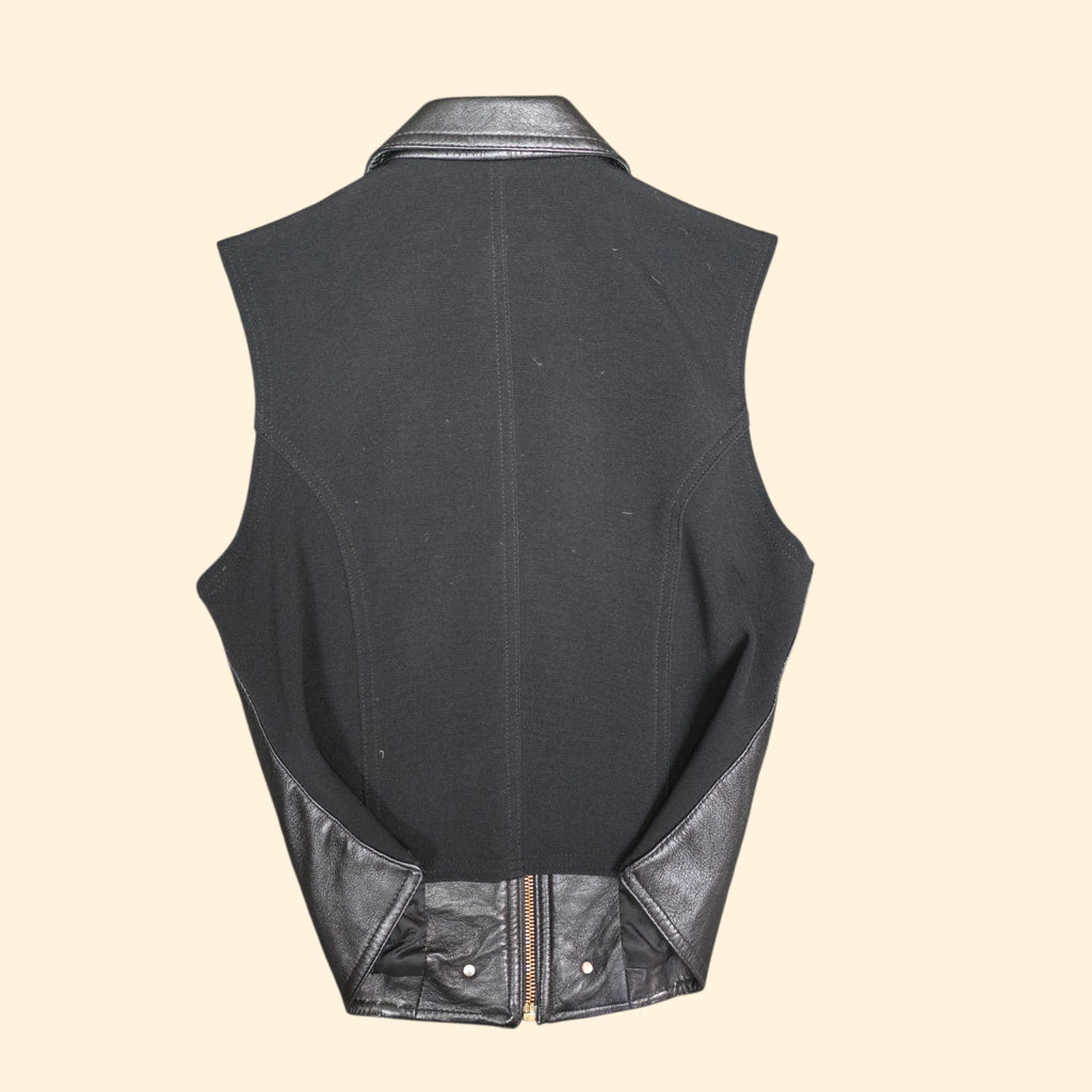 1990s Cache Black Leather Zip Up Fitted Vest ~ Small Medium ~ Lion