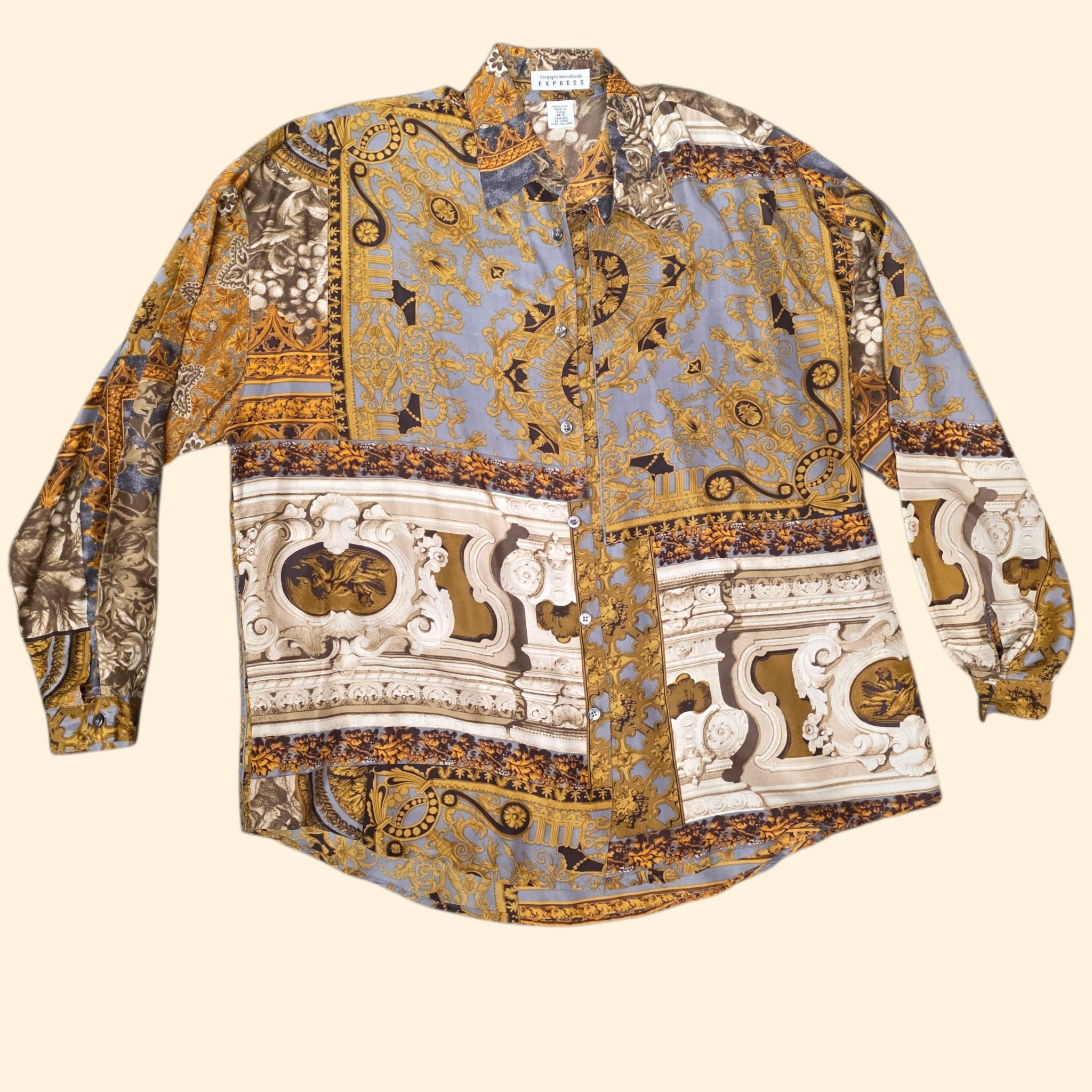 1990s Compagnie Internationale Express Silk Baroque Print Blouse ~ Medium Large ~ Oversized