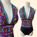 1990s Southwestern Aztec Print One Piece Halter Swimsuit ~ Small ~ Bathing Suit