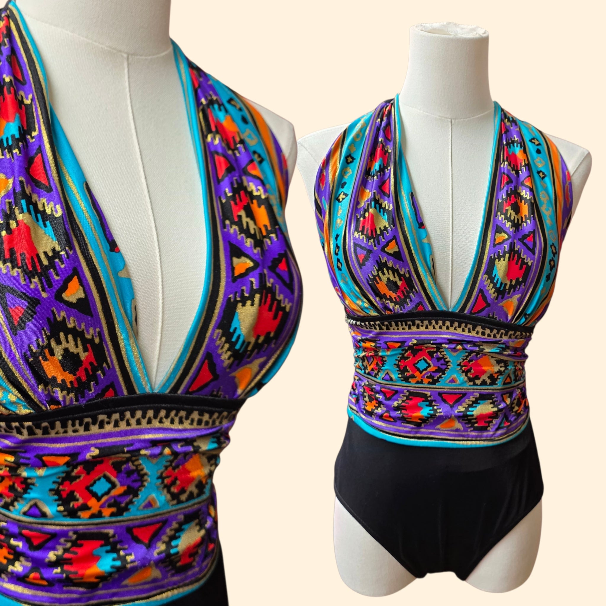 1990s Southwestern Aztec Print One Piece Halter Swimsuit ~ Small ~ Bathing Suit