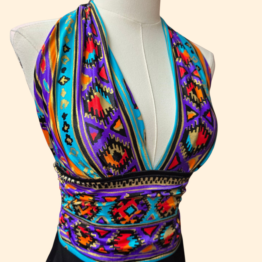1990s Southwestern Aztec Print One Piece Halter Swimsuit ~ Small ~ Bathing Suit