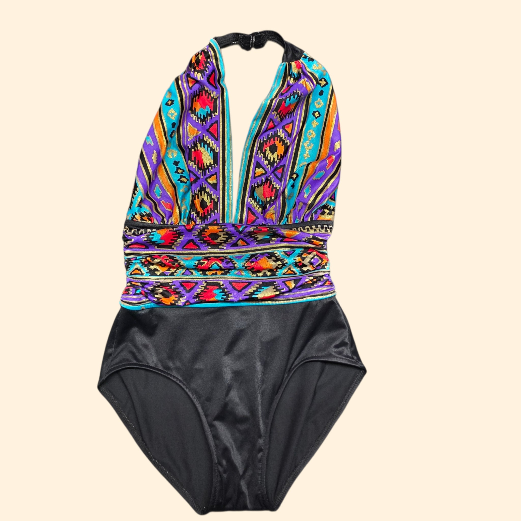 1990s Southwestern Aztec Print One Piece Halter Swimsuit ~ Small ~ Bathing Suit
