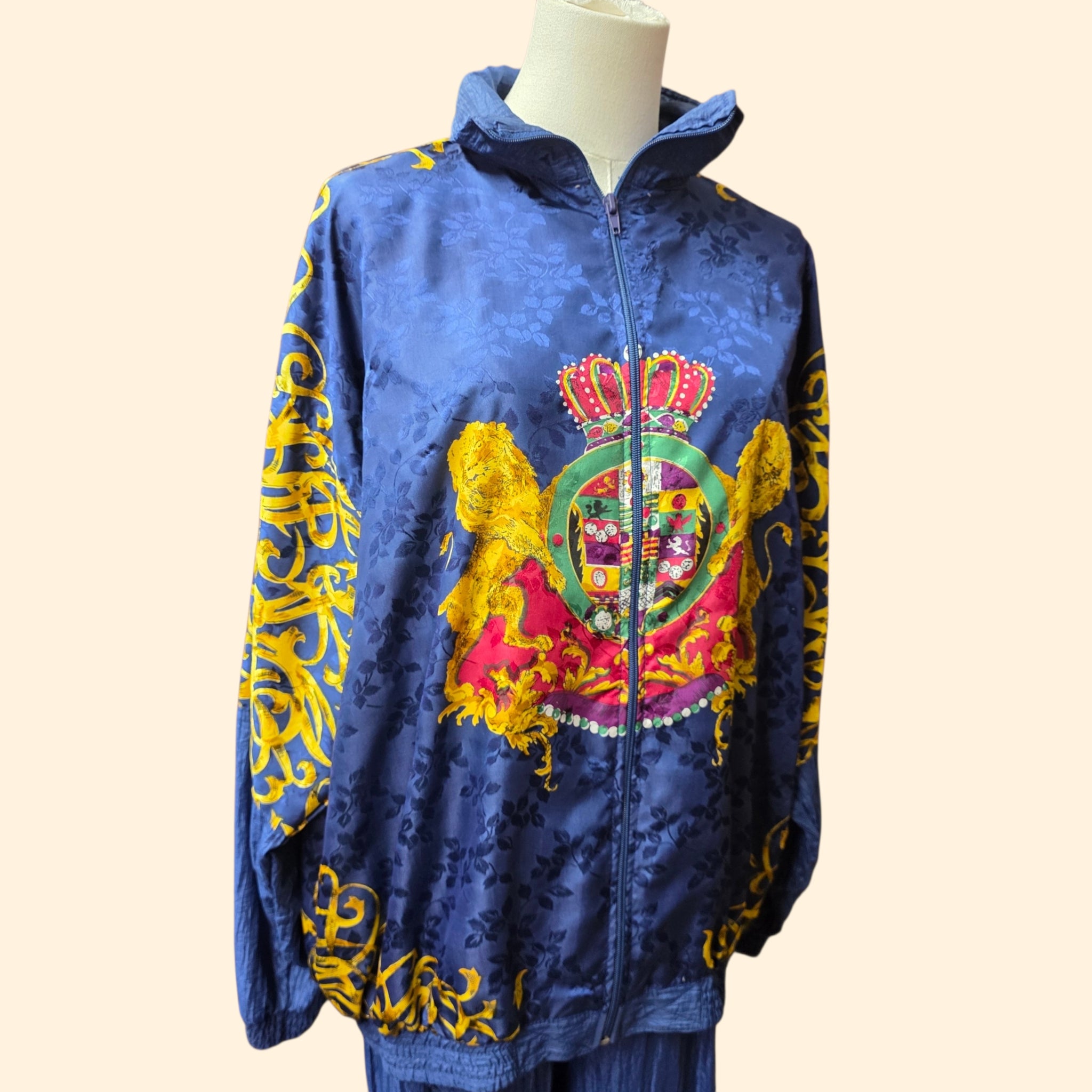 1990s Baroque Print Coat of Arms Blue Track Suit ~ Large ~ Lion Filigree