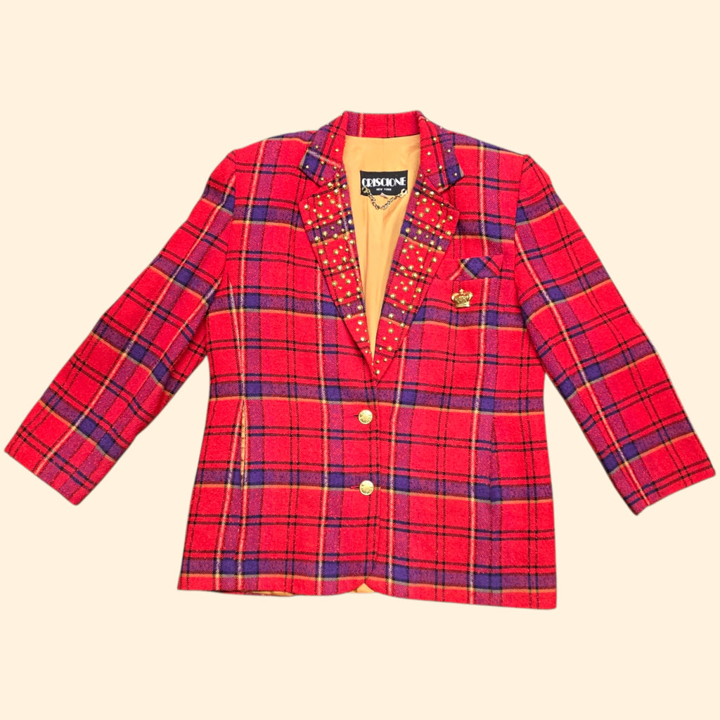 1990s Studded Fuschia and Purple Plaid Blazer ~ Large ~ Boxy Oversized