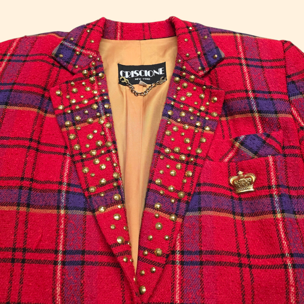 1990s Studded Fuschia and Purple Plaid Blazer ~ Large ~ Boxy Oversized