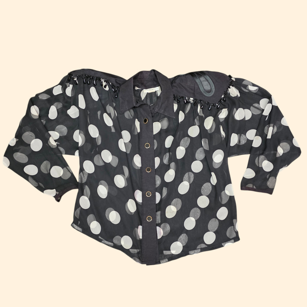 1990s Black and White Beaded Sheer Polka Dot Palazzo Set ~ Medium