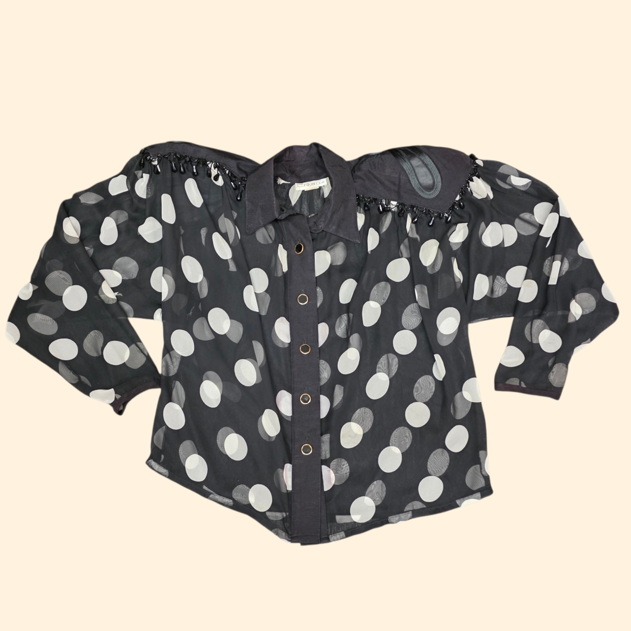 1990s Black and White Beaded Sheer Polka Dot Palazzo Set ~ Medium