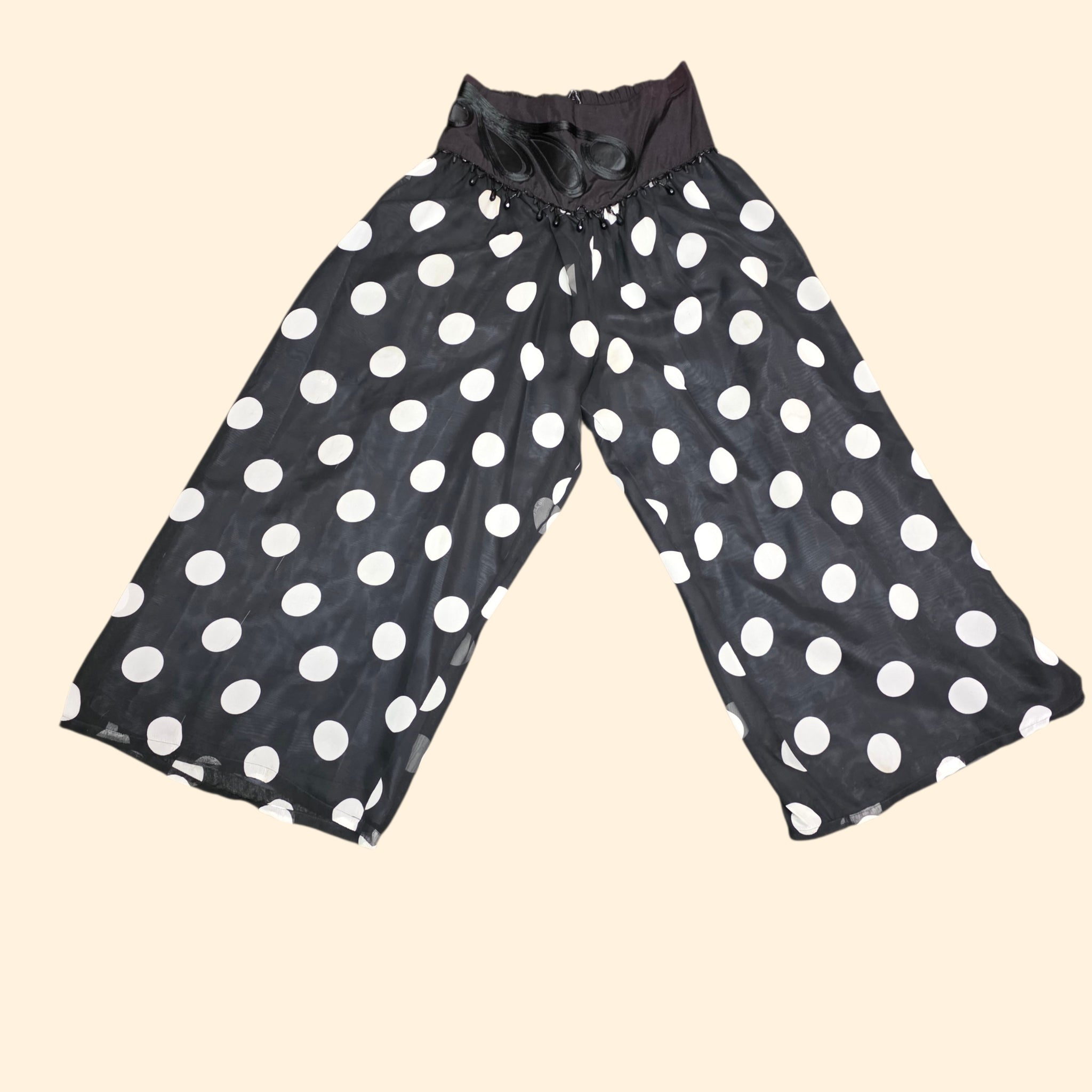 1990s Black and White Beaded Sheer Polka Dot Palazzo Set ~ Medium