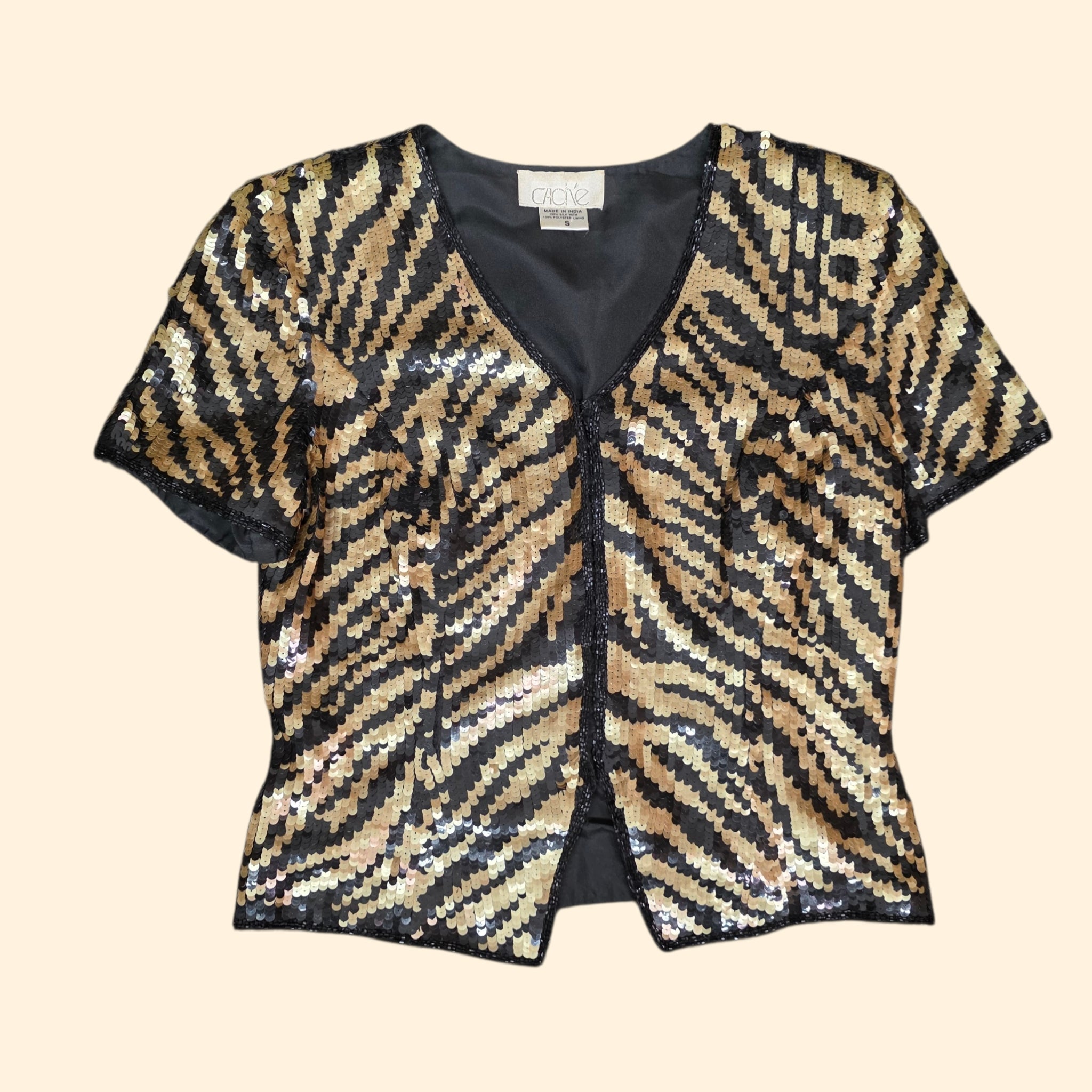 1990s Cache Black Gold Tiger Sequin Short Sleeve Blouse ~ Extra Small / Small
