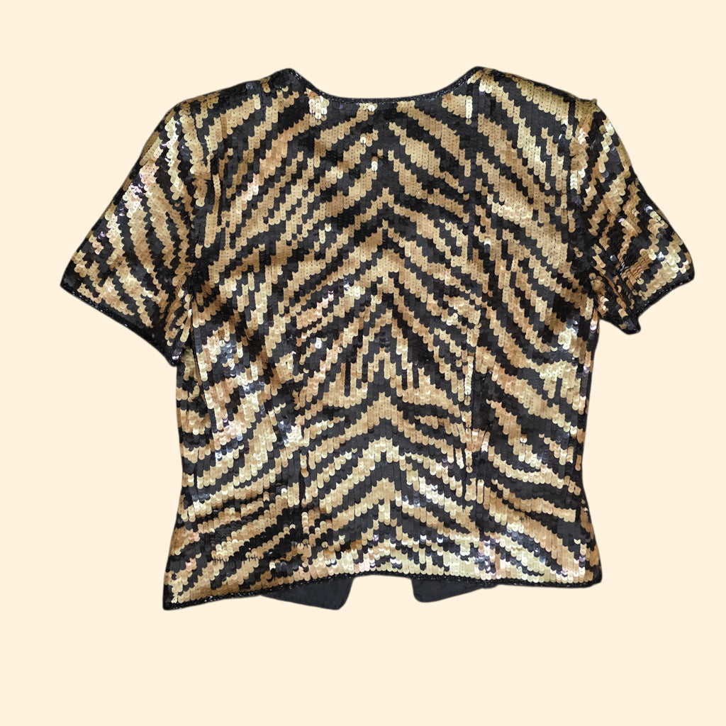 1990s Cache Black Gold Tiger Sequin Short Sleeve Blouse ~ Extra Small / Small