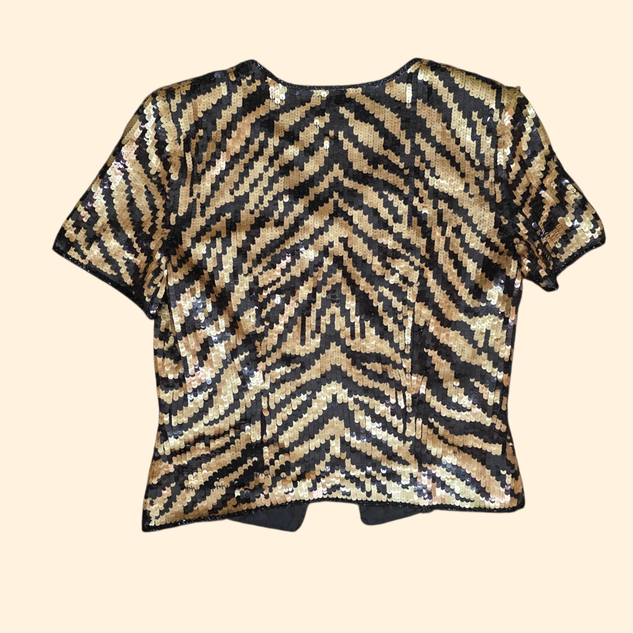 1990s Cache Black Gold Tiger Sequin Short Sleeve Blouse ~ Extra Small / Small