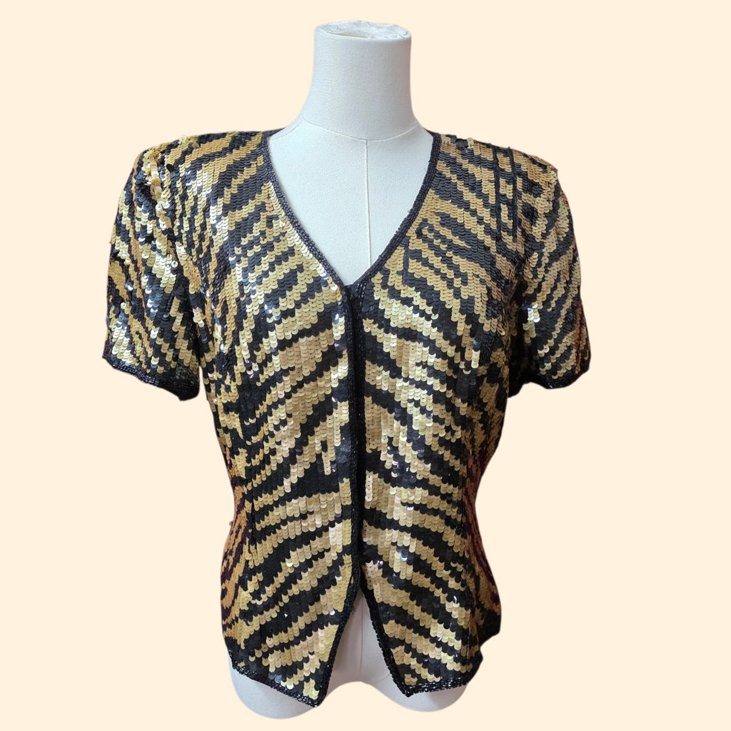1990s Cache Black Gold Tiger Sequin Short Sleeve Blouse ~ Extra Small / Small