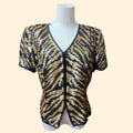 1990s Cache Black Gold Tiger Sequin Short Sleeve Blouse ~ Extra Small / Small