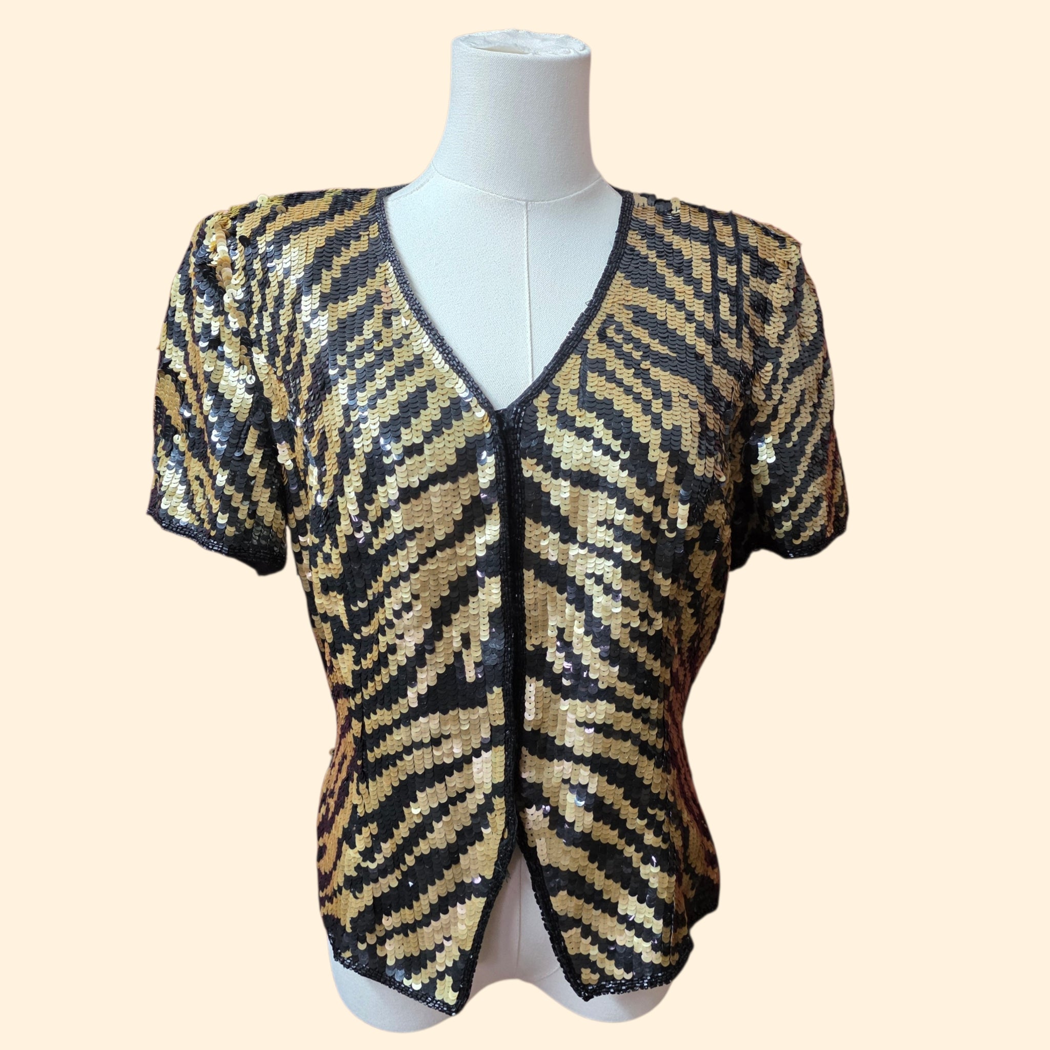 1990s Cache Black Gold Tiger Sequin Short Sleeve Blouse ~ Extra Small / Small