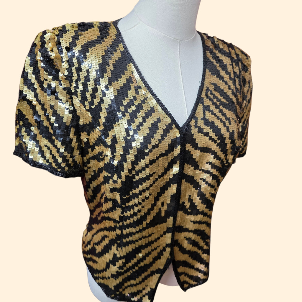 1990s Cache Black Gold Tiger Sequin Short Sleeve Blouse ~ Extra Small / Small