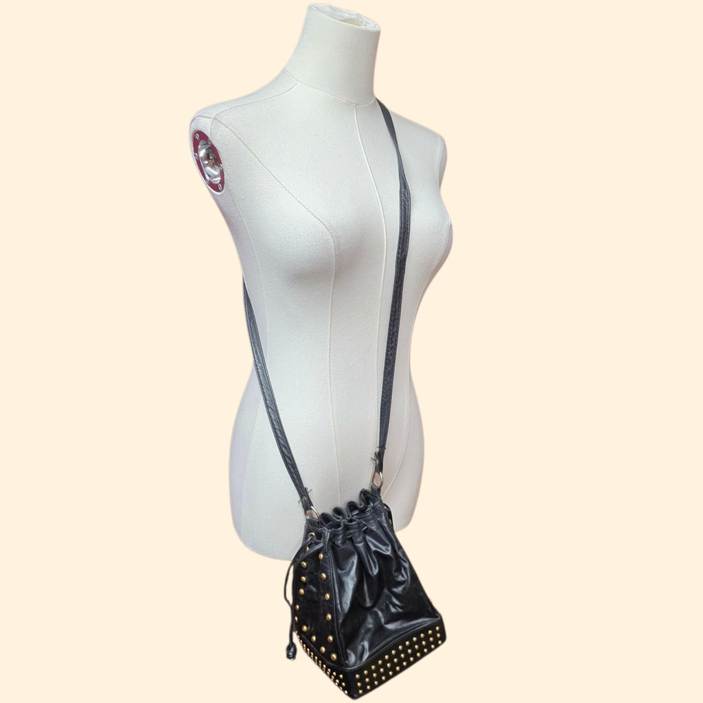 1990s Studded Black Leather Drawstring Crossbody Purse