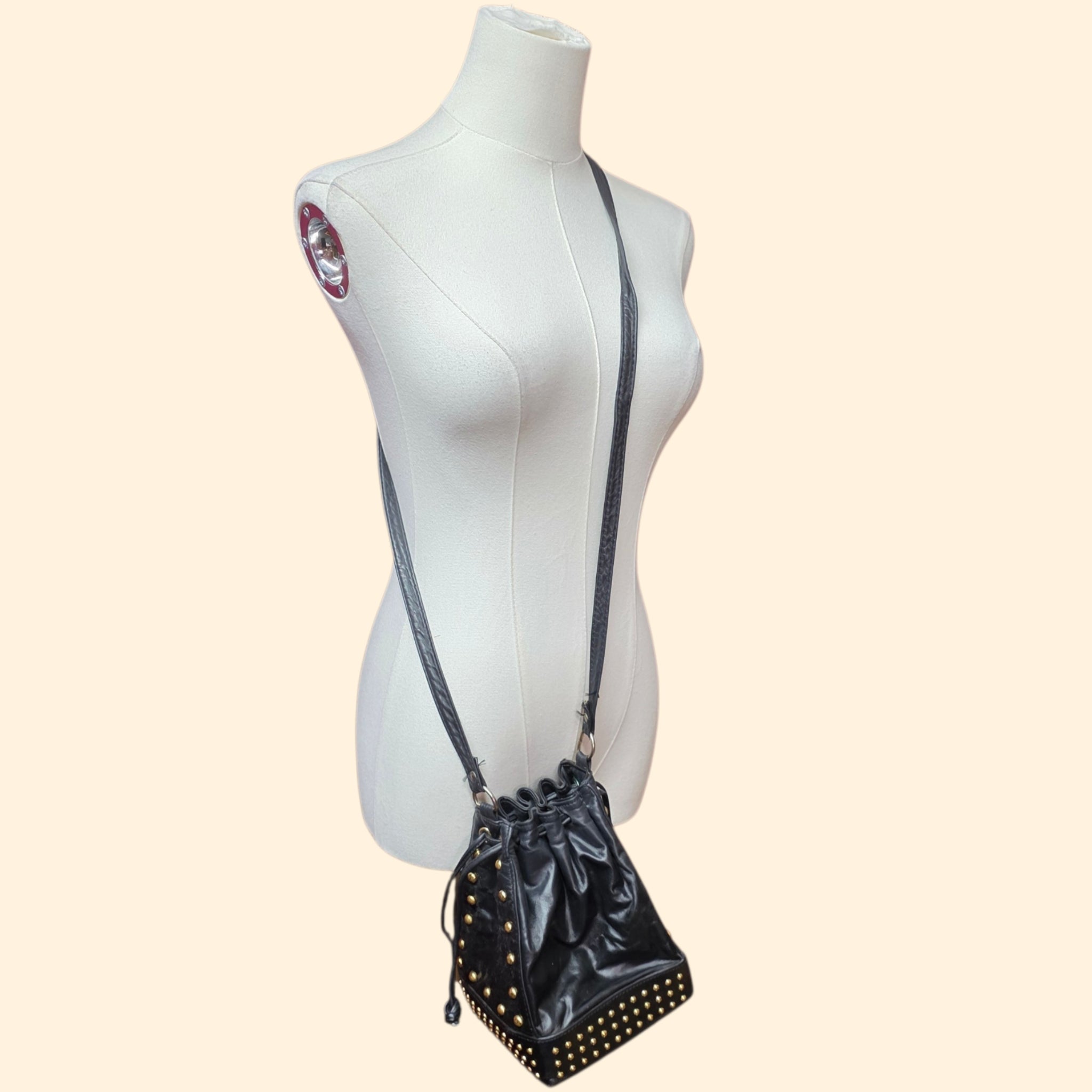 1990s Studded Black Leather Drawstring Crossbody Purse