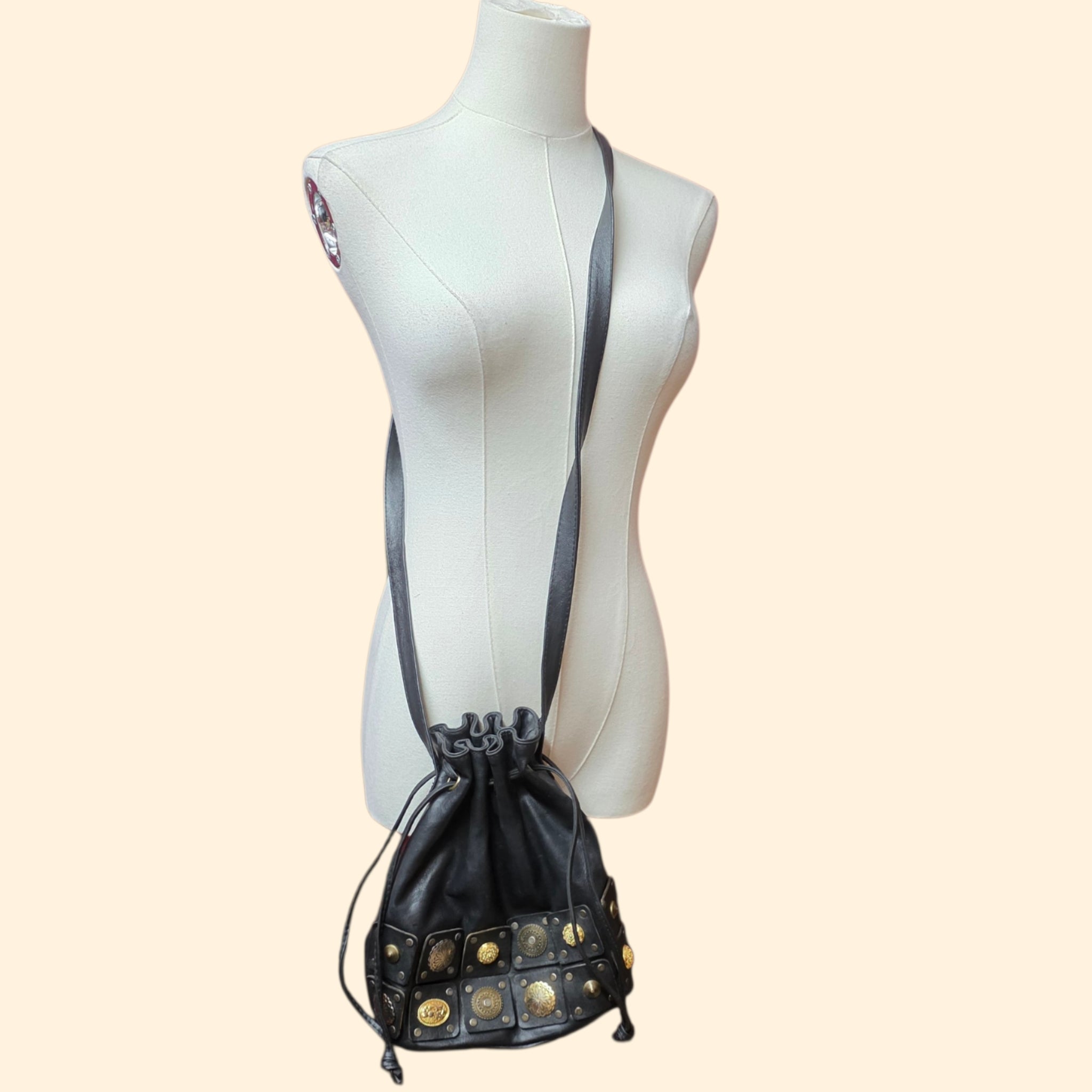 1990s Studded Medallion Black Leather Drawstring Bucket Bag ~ Crossbody Purse