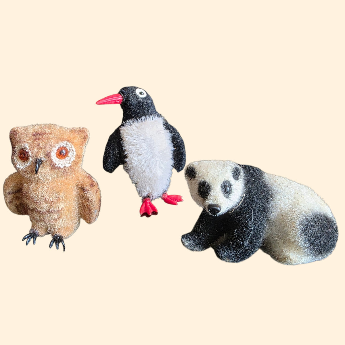 Vintage Handwork Wagner Kunstlerschutz West Germany Flocked Animal Figurine Lot ~ Owl Panda Penguin