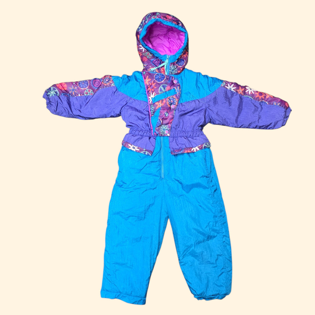 1990s Teal Purple Floral Puffer Snowsuit ~ 4T ~ Kids Toddler Girls