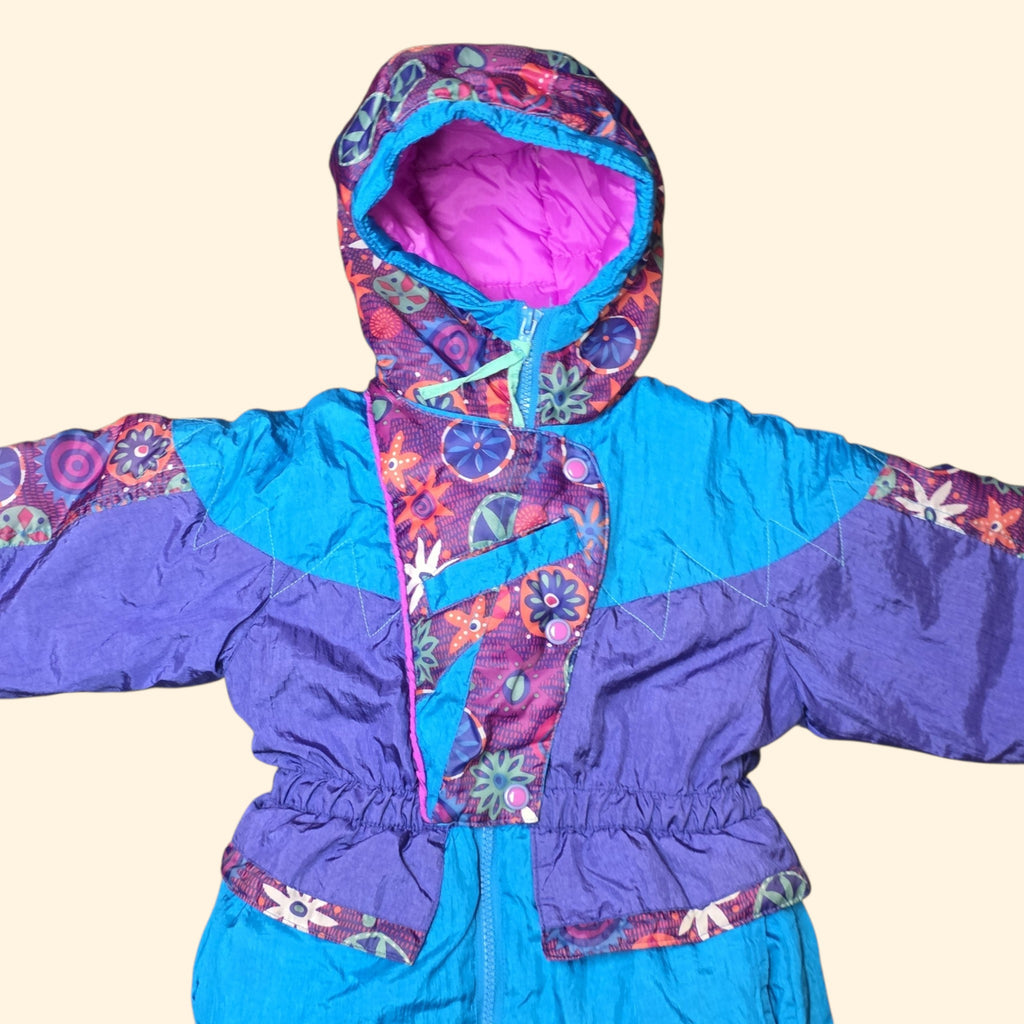 1990s Teal Purple Floral Puffer Snowsuit ~ 4T ~ Kids Toddler Girls