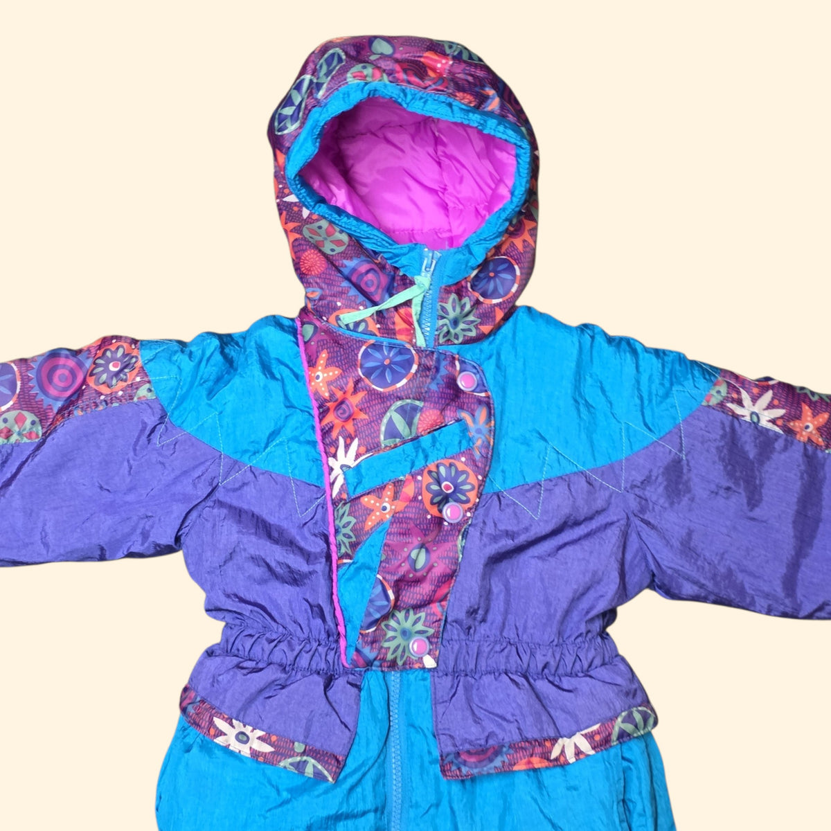 1990s Teal Purple Floral Puffer Snowsuit ~ 4T ~ Kids Toddler Girls