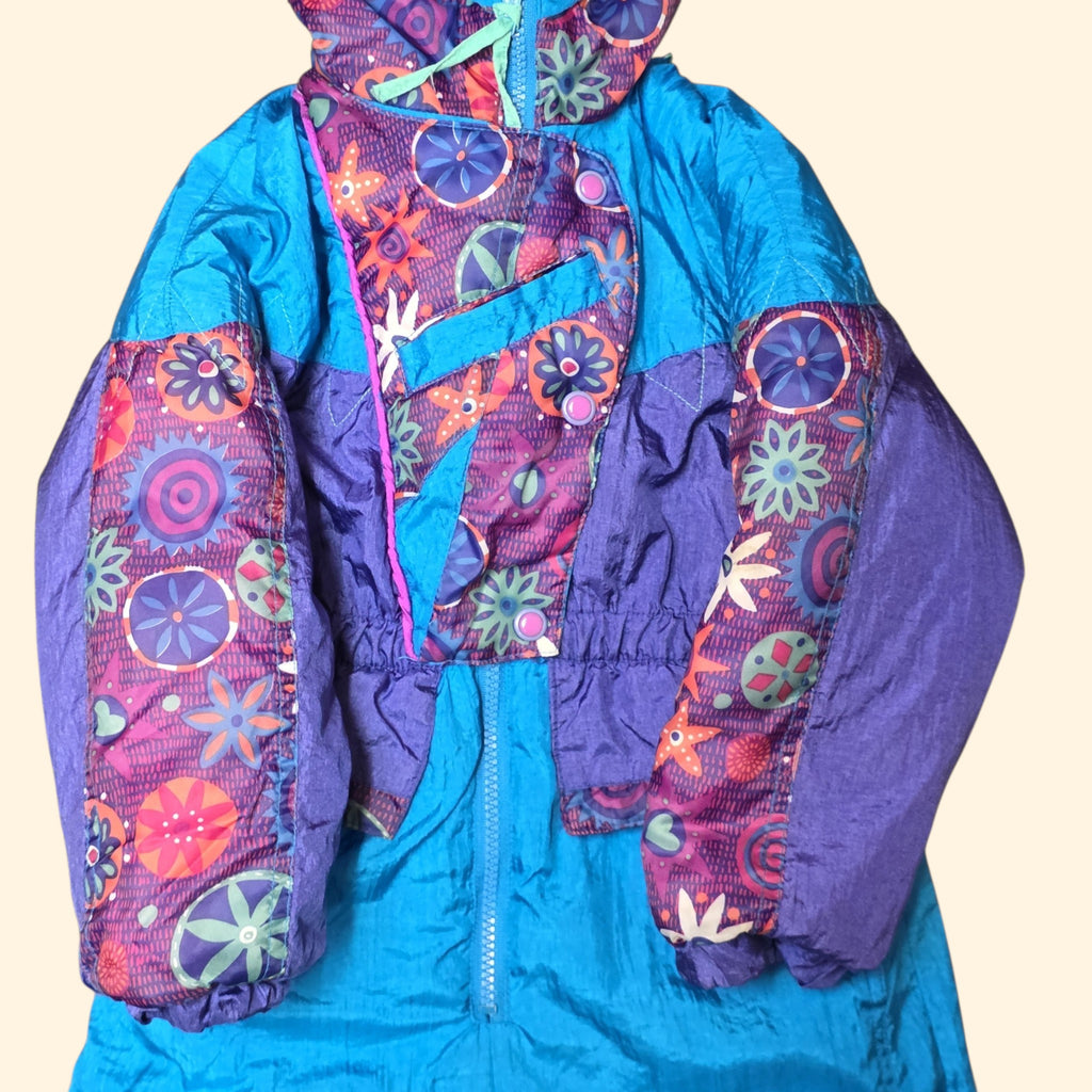 1990s Teal Purple Floral Puffer Snowsuit ~ 4T ~ Kids Toddler Girls