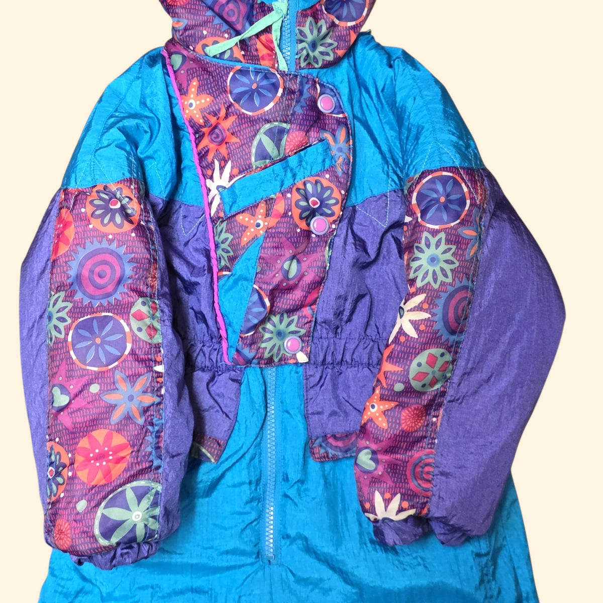 1990s Teal Purple Floral Puffer Snowsuit ~ 4T ~ Kids Toddler Girls
