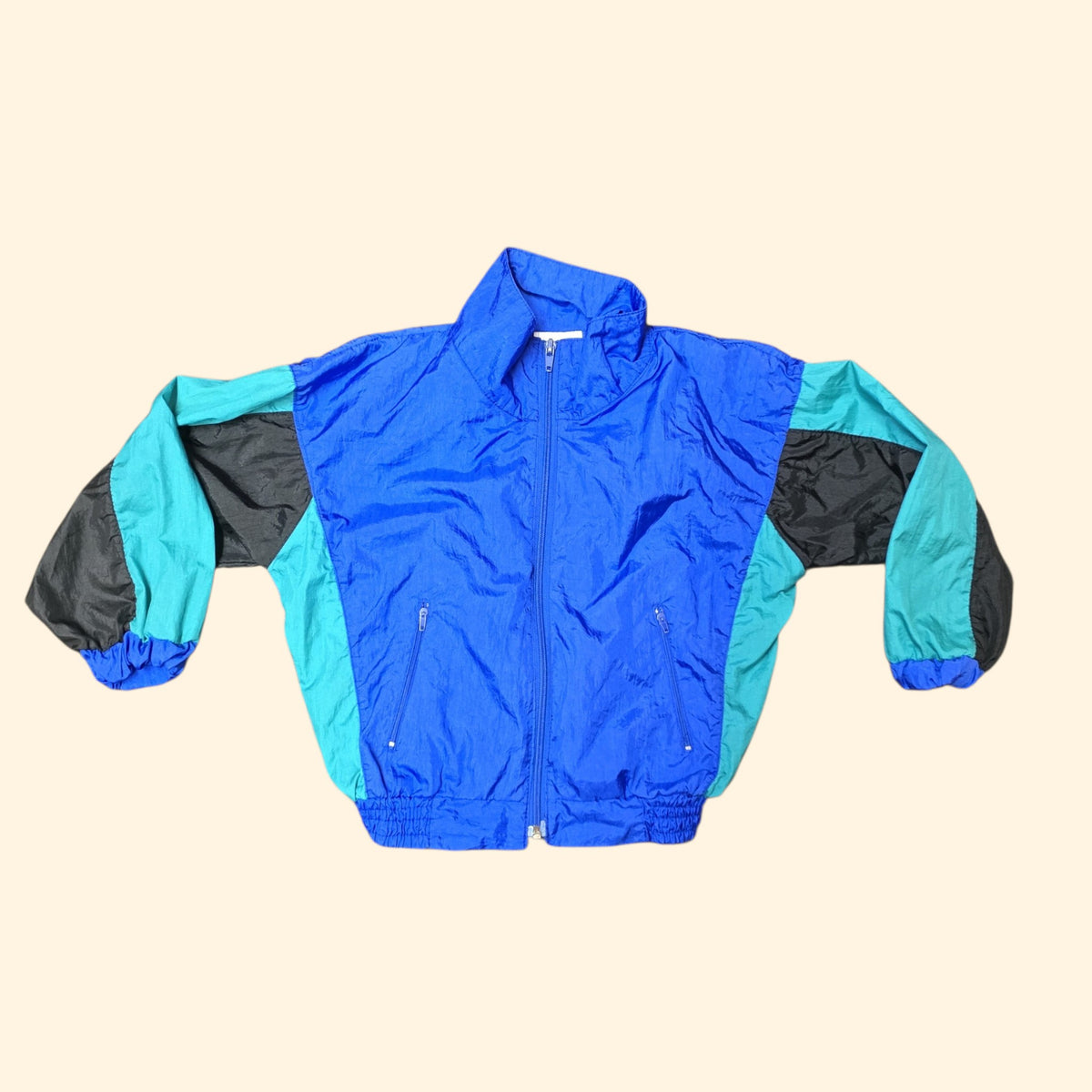1990s Blue Teal Black Nyon Colorblock Windbreaker ~ Youth Medium ~ Unisex Boys Girls
