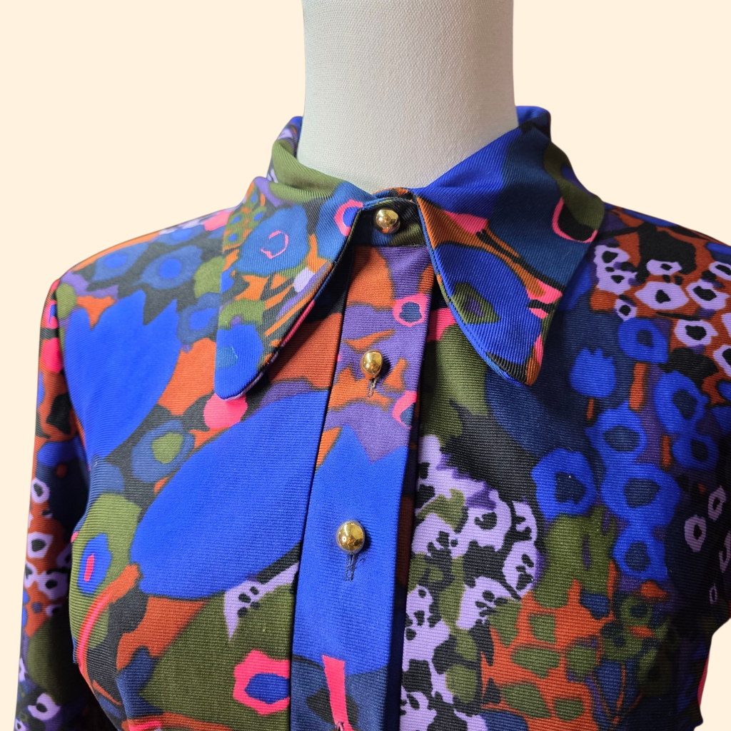 1960s Bold Abstract Print Polyester Midi Shift Dress ~ Medium ~ Navy Blue Pink Purple Green