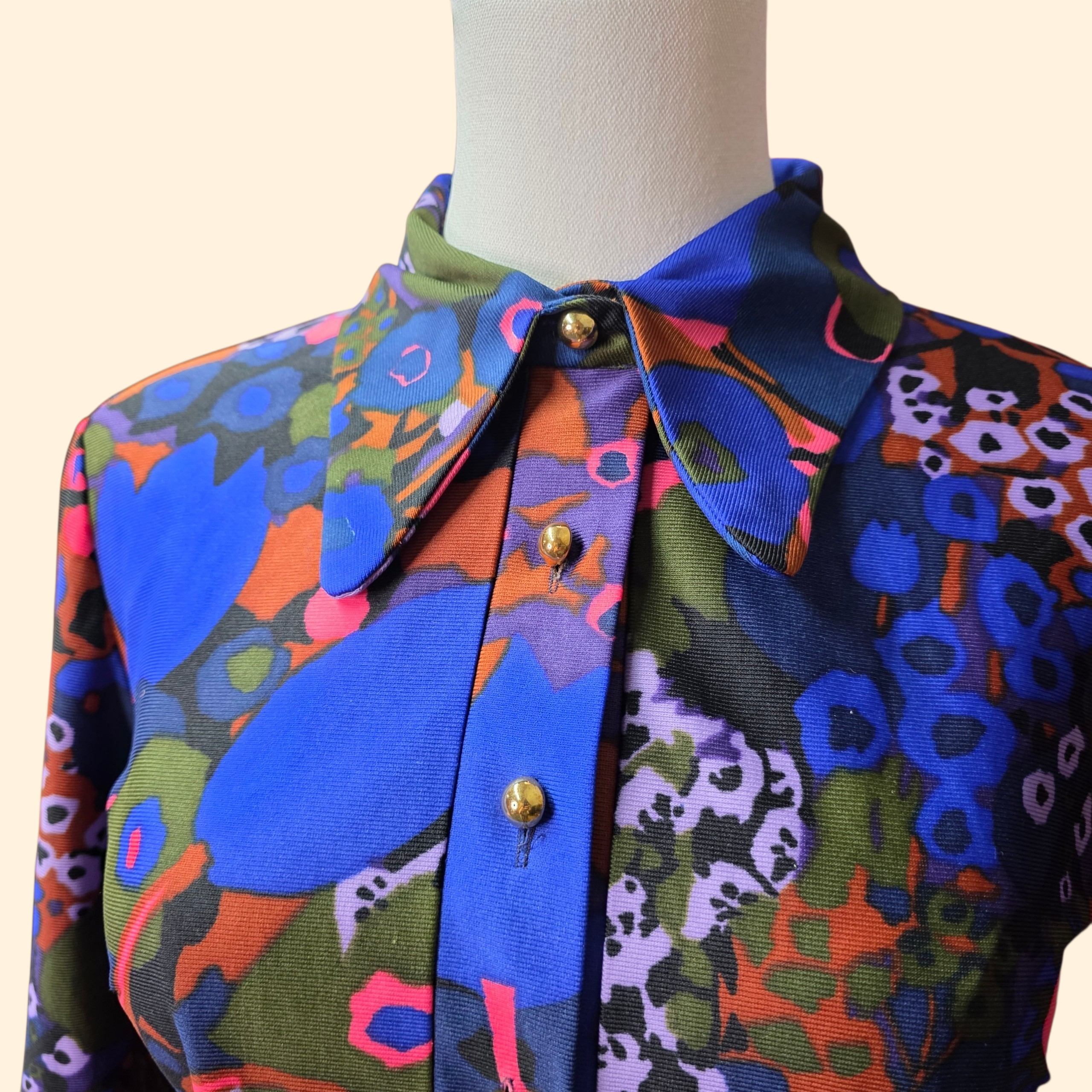 1960s Bold Abstract Print Polyester Midi Shift Dress ~ Medium ~ Navy Blue Pink Purple Green