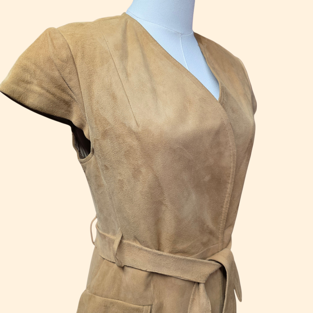 1960s Ultrasuede Mini Wrap Dress ~ Small ~ Mod Camel Capped Sleeve