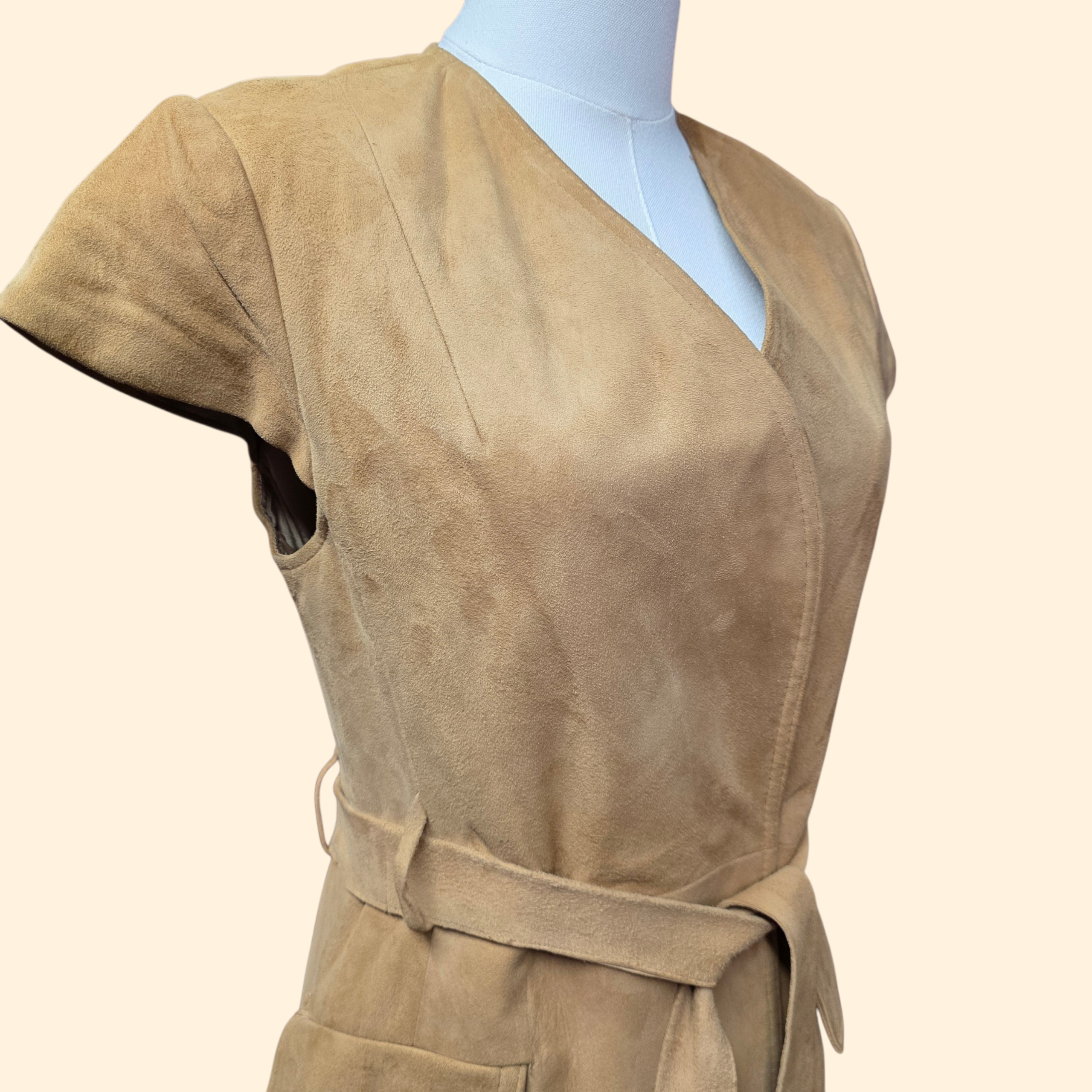 1960s Ultrasuede Mini Wrap Dress ~ Small ~ Mod Camel Capped Sleeve