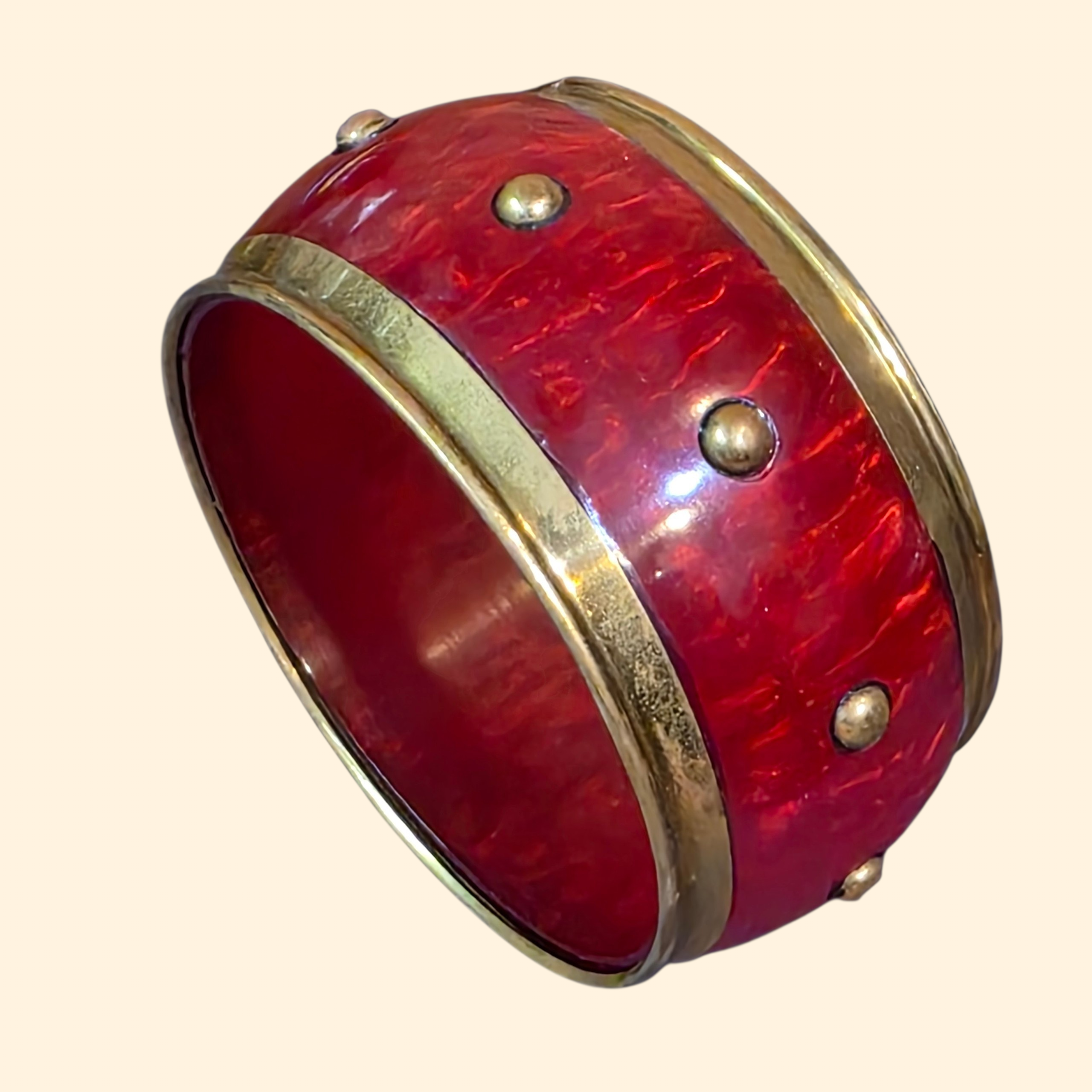1960s Red Lucite and Brass Chunky Bangle ~ Boho