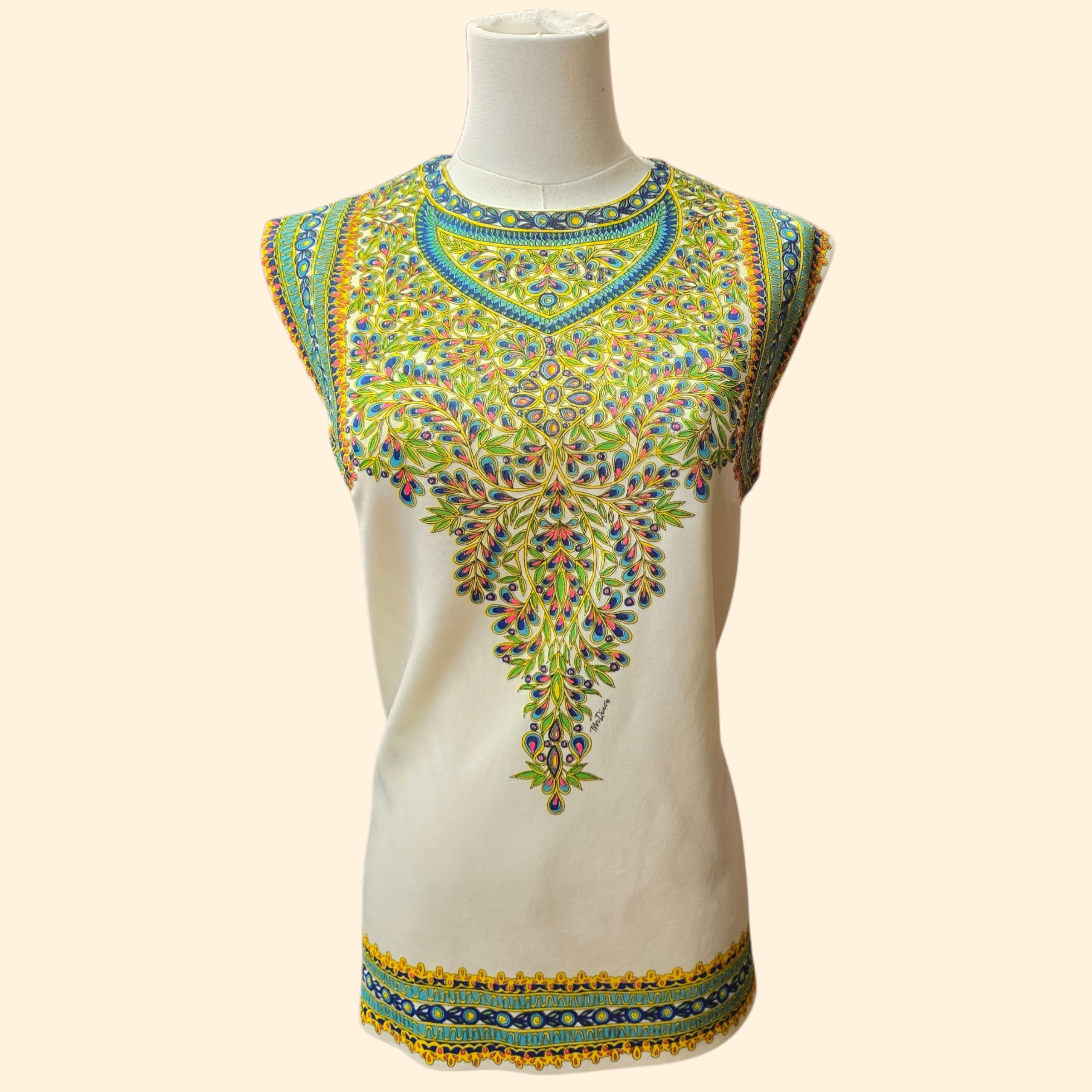 1960s Mr. Dino Psychedelic Sleeveless Shell Tunic Top ~ Large ~ Teal Yellow Green Pink