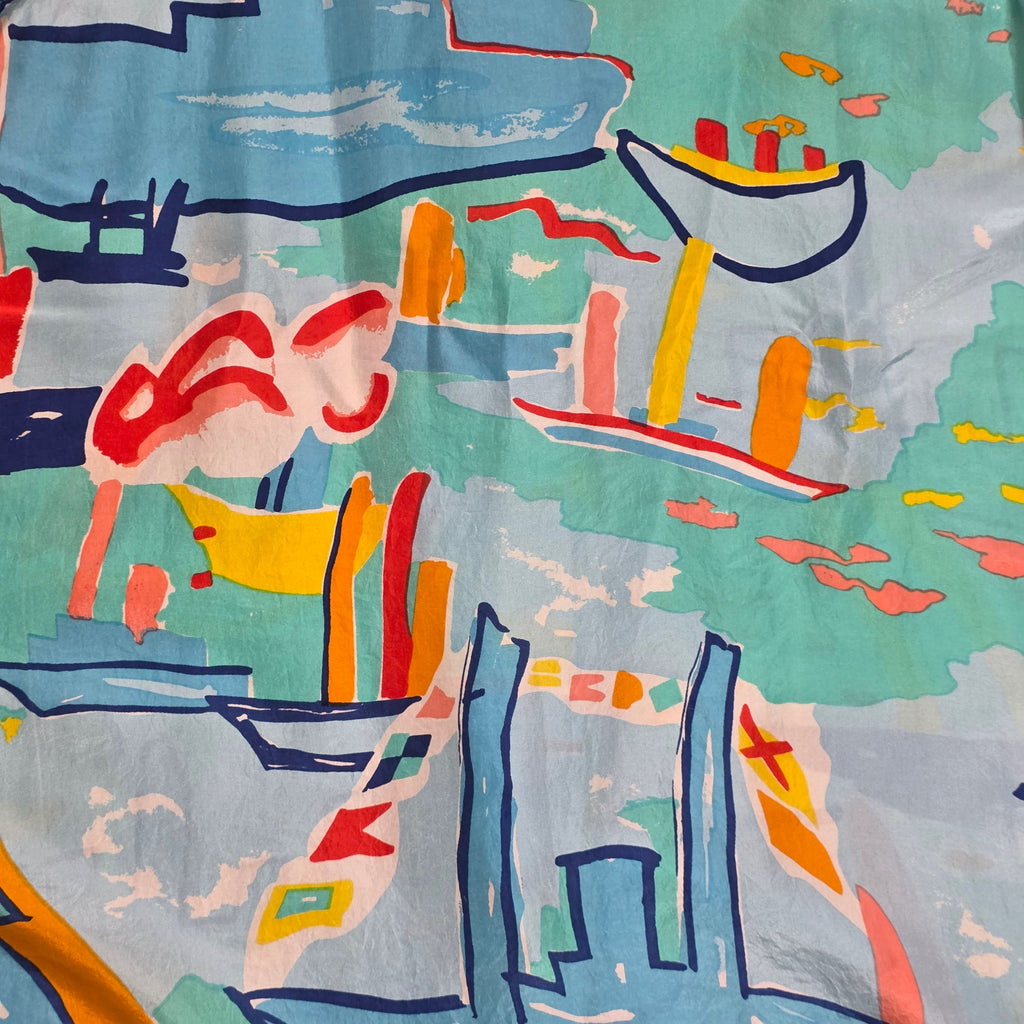 1990s Oscar de la Renta Boat Print Silk Sleeveless Shirt ~ Small ~ Nautical Abstract