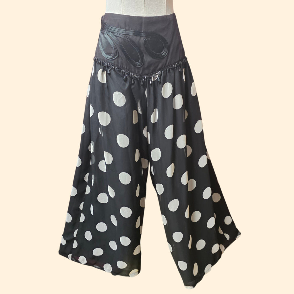 1990s Black and White Beaded Sheer Polka Dot Palazzo Set ~ Medium
