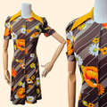 1970s Flower Power Dagger Collar Mini Dress ~ Medium ~ Brown Yellow Orange Floral Daisy Poppy