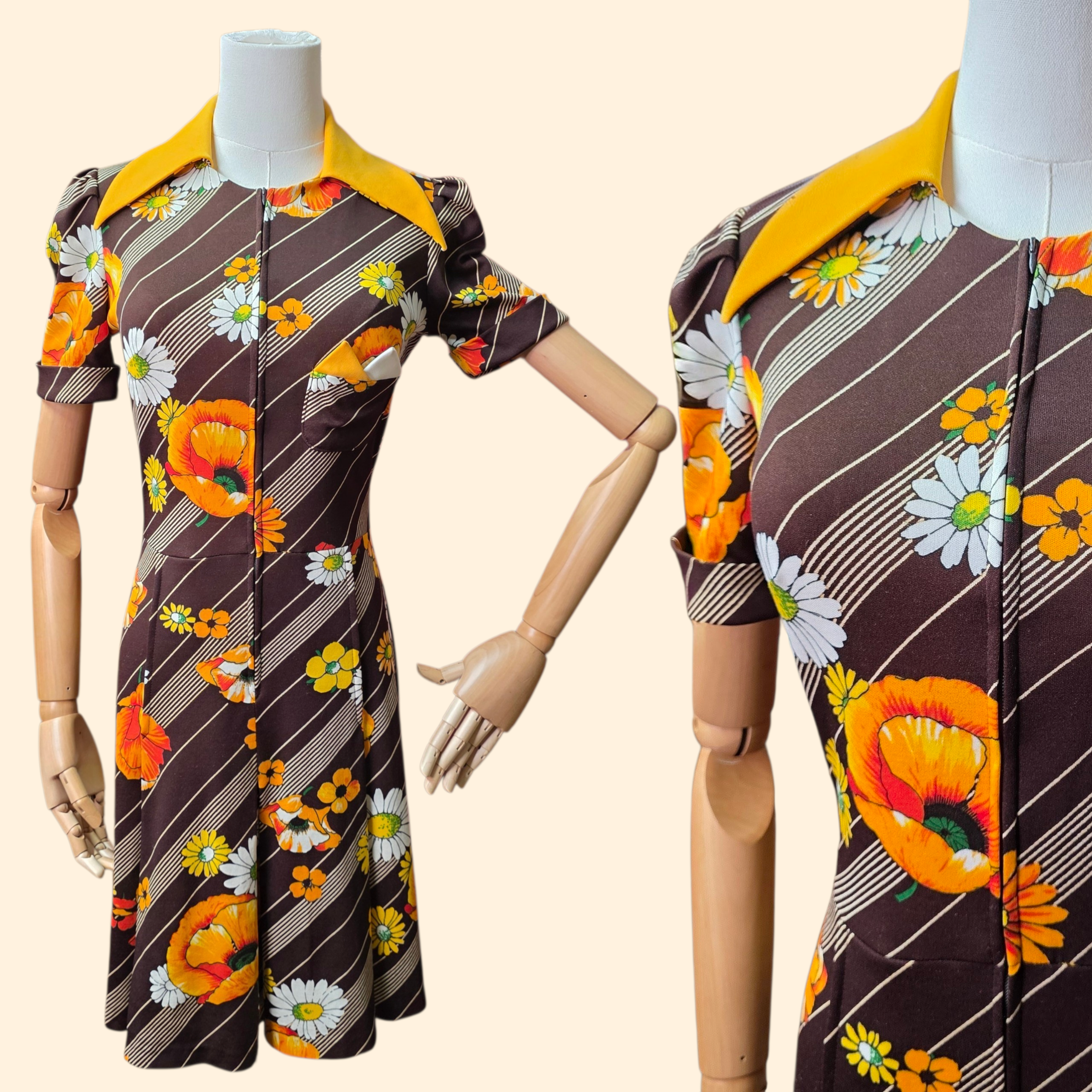 1970s Flower Power Dagger Collar Mini Dress ~ Medium ~ Brown Yellow Orange Floral Daisy Poppy