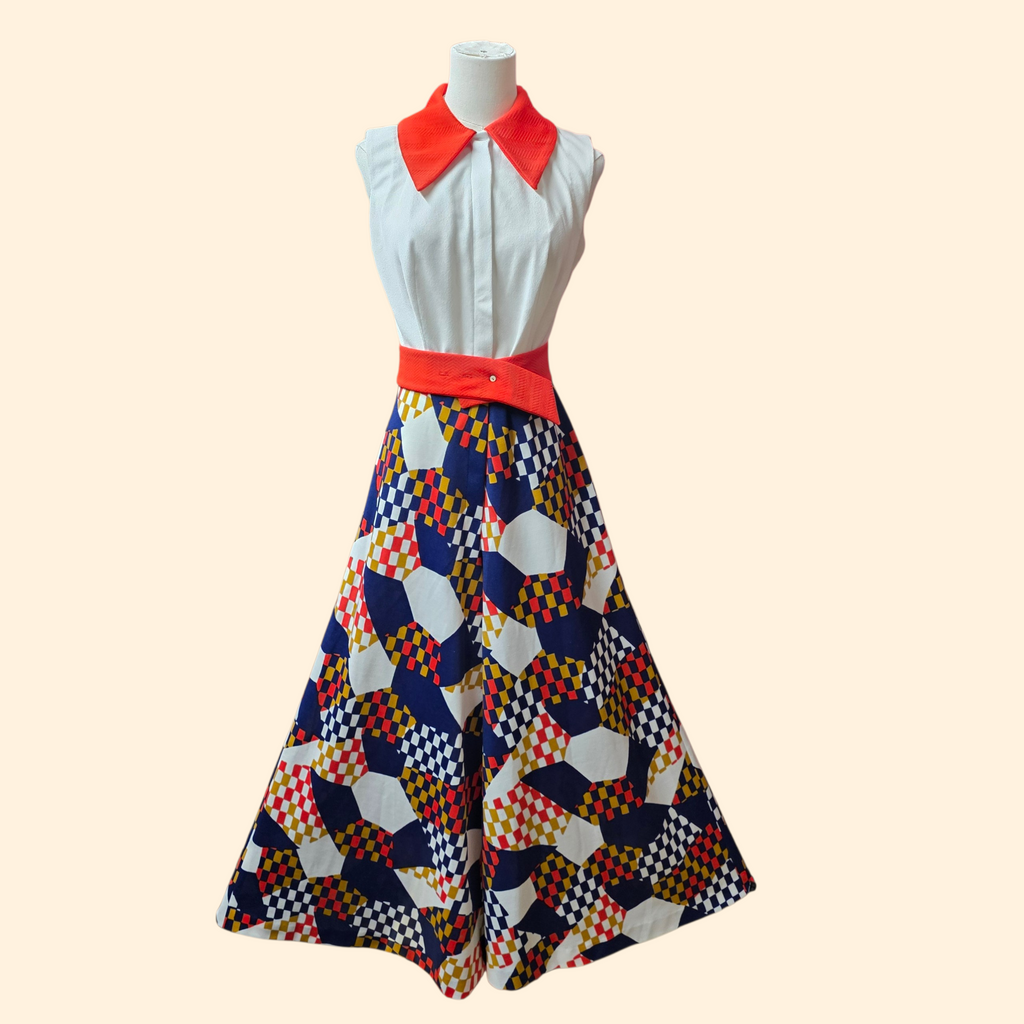 1960s Sleeveless Ultra Wide Leg Palazzo Jumpsuit ~ Small ~ Geometric Red White Blue