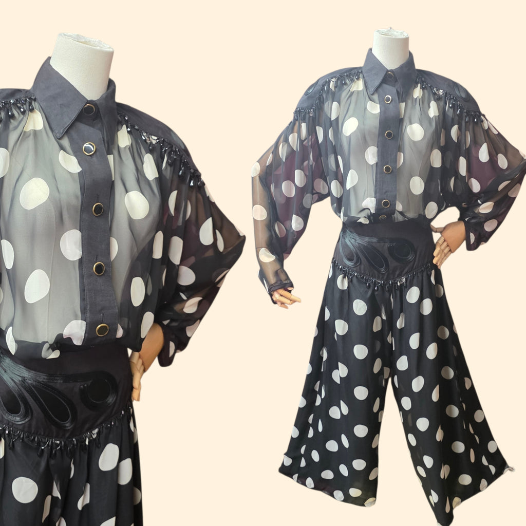 1990s Black and White Beaded Sheer Polka Dot Palazzo Set ~ Medium