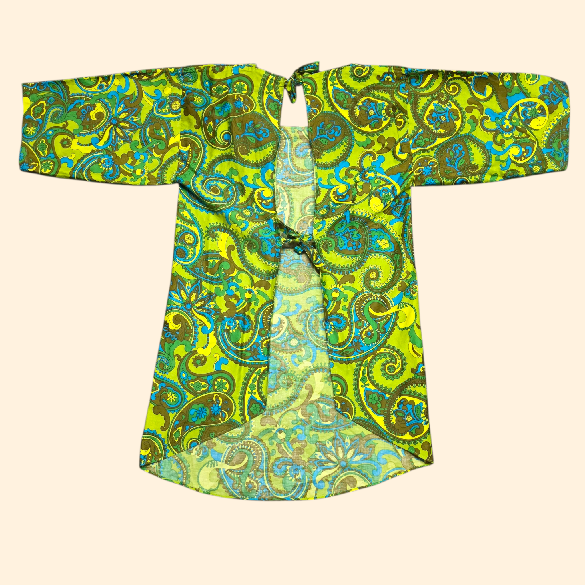 1960s Design House Psychedelic Paisley Print Smock Tunic ~ One Size Fits Most ~ Chartreuse Teal Cotton
